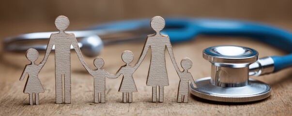 Family healthcare concept with stethoscope and wooden figures representing family support