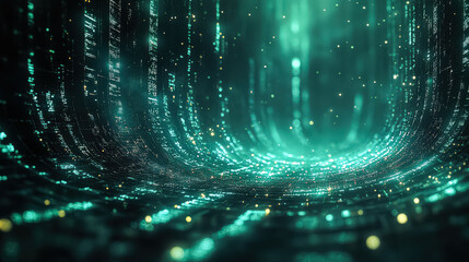 Green, glowing tunnel with a lot of sparkles. The tunnel is filled with a lot of lights and the sparkles are scattered all over the tunnel