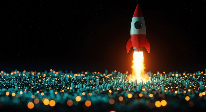 Red and white rocket blasting off with bright fiery exhaust over a futuristic city at night