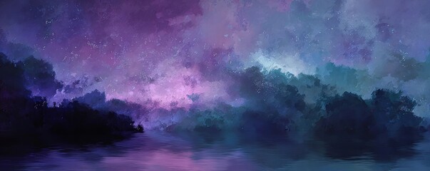 Serene twilight: abstract impressionist landscape with vibrant purple and blue hues