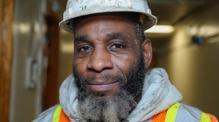 Mature african male construction worker with helmet and safety vest indoors