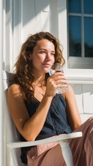 Young caucasian female relaxing outdoors with a glass of water on a sunny day