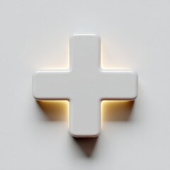 Obraz premium A white minimalist first aid cross symbol glowing, isolated on a pure white background. Emergency, health.