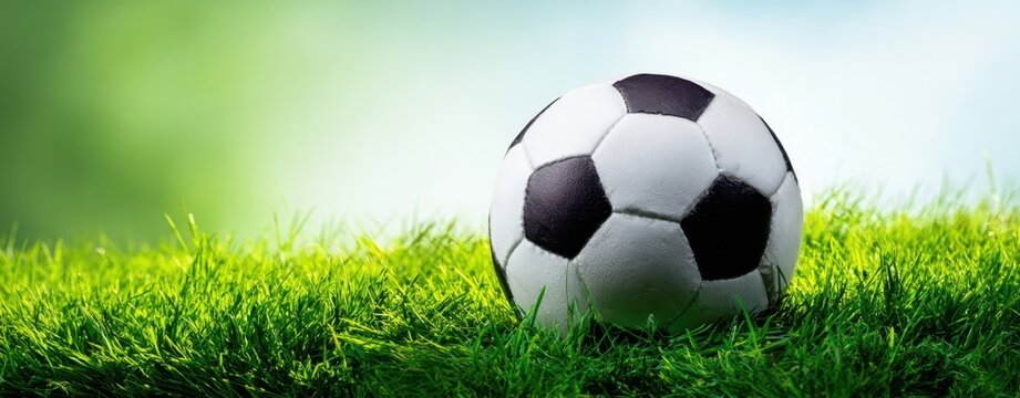 The soccer ball resting on vibrant green grass under a serene sky.