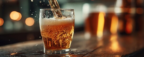 Refreshing pint of beer with bubbles on wooden bar top in dimly lit pub