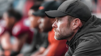 Focused caucasian male coach observing game on sidelines