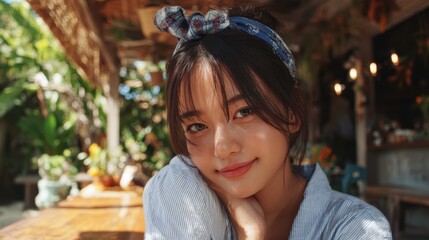 Asian young female smiling outdoors in sunlit tropical setting