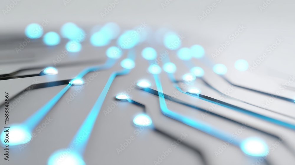 Poster abstract lines forming a circuit board pattern with glowing nodes, isolated on a pure white backgrou