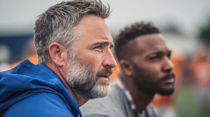 Pensive caucasian and african male adults observing outdoor sports event