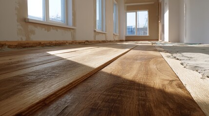 Sunlit hardwood floor installation in modern home interior with large windows