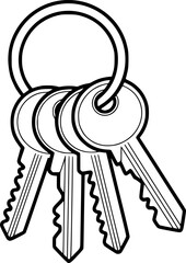 Black and White Vector Illustration of a Set of House Keys on Keyring – Minimalist Clipart for Real Estate, Security, Locksmith, Rental, and Access Concepts – Isolated on White Background
