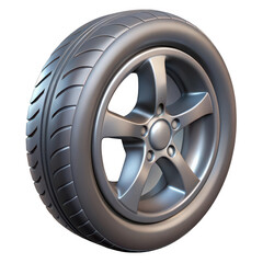 Obraz premium Close up of 3D silver alloy car wheel with a detailed tire tread isolated on transparent background