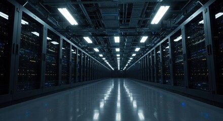 Expansive data center aisle filled with illuminated server racks and complex overhead infrastructure under bright fluorescent lighting
