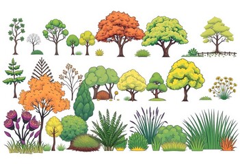 Linear vector illustrations of diverse vegetation, including trees, shrubs, and grasses, suitable for CAD projects,  branches,  vegetation