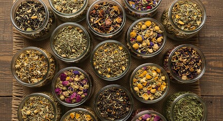 Aromatic Herb Collection: A captivating array of glass jars showcasing a curated selection of dried herbs, each brimming with unique textures and inviting colors, on a rustic wooden surface.