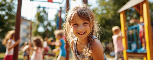 Joyful caucasian child playing at sunny playground with friends outdoors