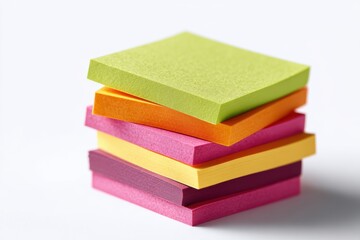A neatly arranged stack of colorful sticky notes, isolated on a pure white background. Organization, reminder.