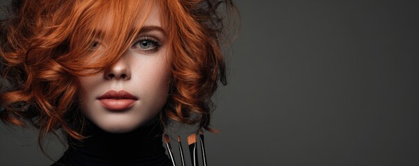 Close-up of young caucasian female with red hair and makeup brushes