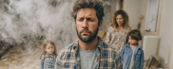 Pensive adult caucasian male with family amid smoke-induced anxiety at home