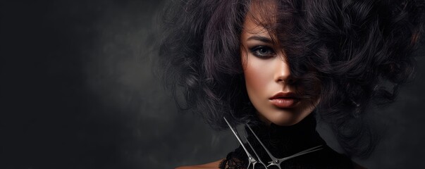 Female adult caucasian with dark voluminous hair and scissors in fashion portrait