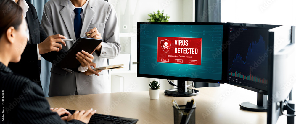 Poster virus warning alert on computer screen detected brisk cyber threat , hacker, computer virus and malw