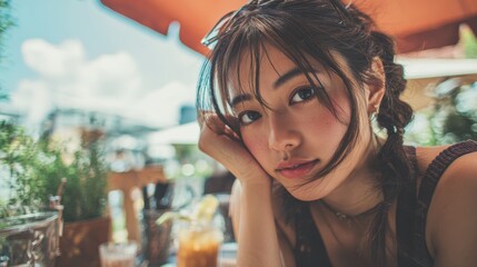 Young asian female relaxing at outdoor cafe on a sunny day