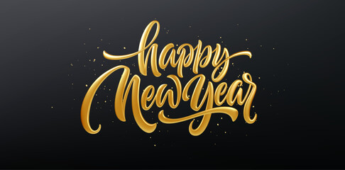 Gold Lettering Vector Illustration Of Happy New Year Text On Dark Background With Sparkling Glitter Elements