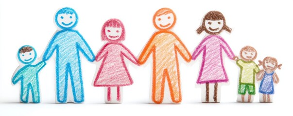 Diverse family drawing with children and parents holding hands in colorful crayon