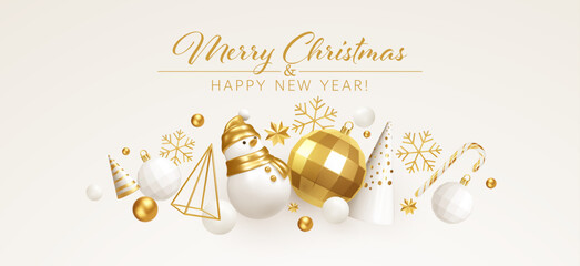 Elegant Vector Illustration of Golden and White Christmas Decorations with Snowman, Ornaments, and Snowflakes, Displayed on a Minimalist Background for Seasonal Festivity Celebration