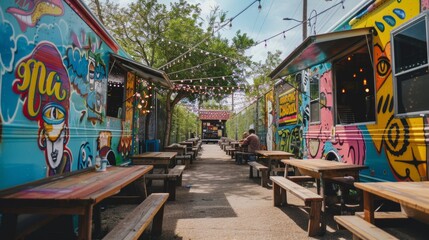 Outdoor view of colorful food truck alley with wooden picnic benches and mural-painted walls, perfect for casual dining guides, local business highlights, or vibrant travel photography