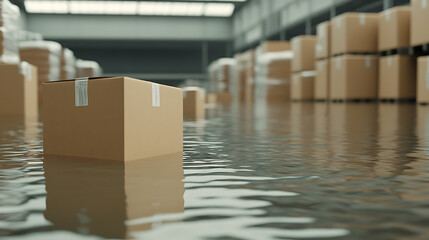 Flooded warehouse with boxes floating in water. Damage and loss depicted in the warehouse. Storage facility after the disaster.