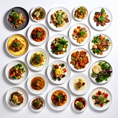 Culinary kaleidoscope featuring diverse plated dishes elegantly arranged on white background