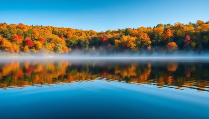 Obraz premium Serene autumn lake scene; colorful trees reflected in still water, fall, illustration