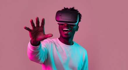 A joyful Black man experiences virtual reality, hand outstretched, interacting with a digital environment.