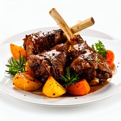Delicious braised lamb shanks garnished with potatoes and herbs, presented on white background
