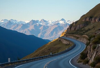 Serene winding road ascends majestic mountain range, scenic vista,  cliff,  view