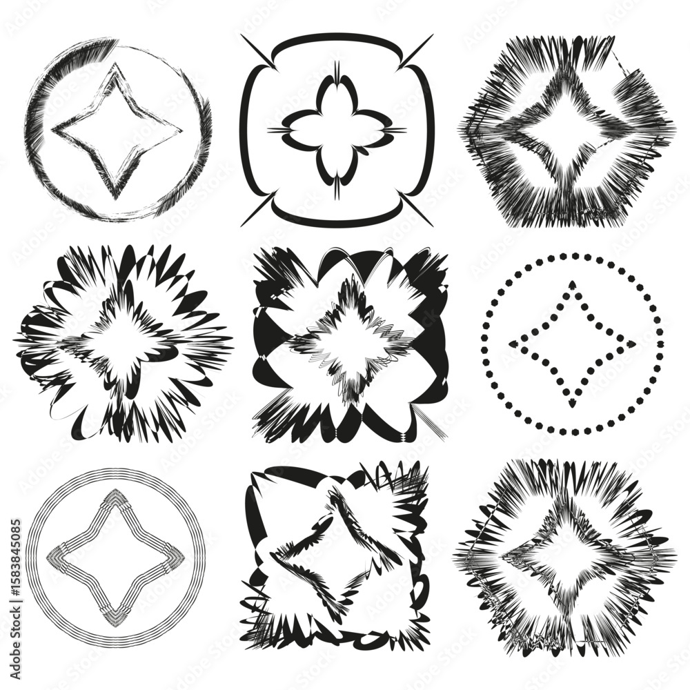 Poster abstract shapes vector. grunge square elements. distorted outline forms. black white texture.
