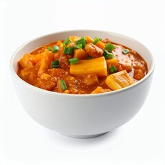 Delicious bowl filled with hearty vegetable stew, topped with fresh scallions on white background