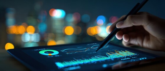 The hand using a tablet to analyze financial data through graphs and charts.