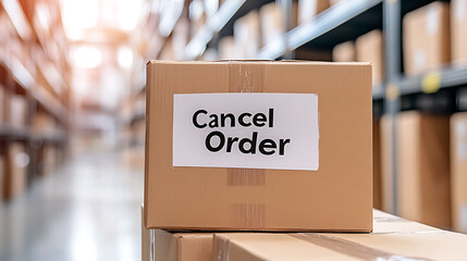 Canceled order package in storage. Package with label 'Cancel Order' in distribution warehouse. Order fulfillment, shipping and returns management.