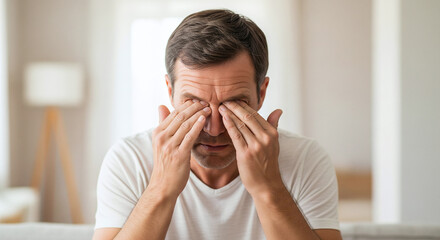 Man rubbing eyes with both hands showing frustration and eye strain expression upper body and head clearly framed with soft blurred home interior background