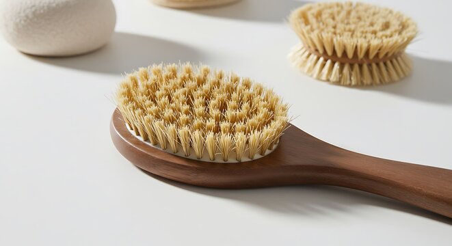 Brush Essentials: A close-up shot of various natural brushes of different shapes and sizes on clean surface, essential for gentle and effective self-care rituals.