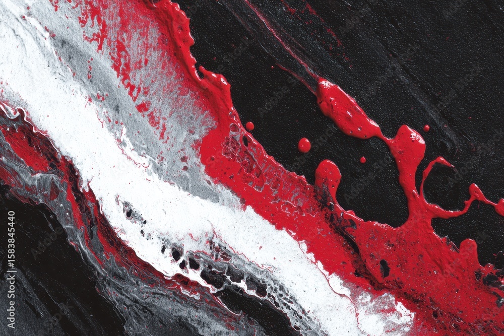Poster swirling abstract patterns featuring bold red and white hues against a deep black background showcas