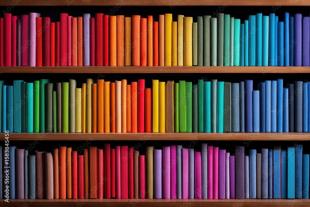 Poster colorful books arranged by spectrum colors provide a vibrant and organized display for an inviting r