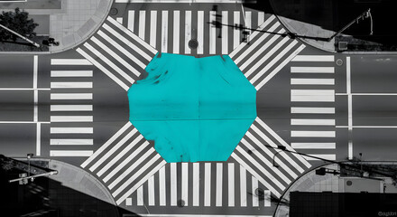 Turquoise Geometric Center On Aerial View Zebra Crossing Black And White