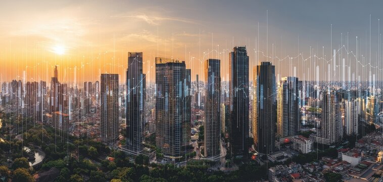 The urban skyline illuminated by sunset with digital financial data visualization.