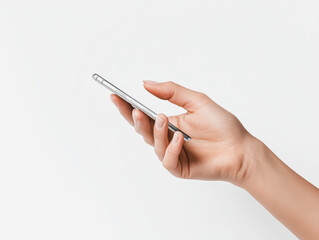 Fototapeta premium Hand holding a cell phone. The phone is silver and the hand is white. Concept of modern technology and the importance of communication in today's world
