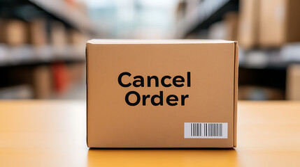 Shipping box labeled "Cancel Order" in a warehouse, representing order fulfillment issues, returns, or logistics challenges. Focus on retail and distribution themes.