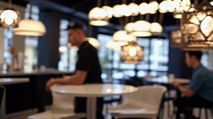 elegant soft focus shot of a modern cafe or lounge space with blurred chairs  tables and ambient lighting  creating a dreamy atmosphere for business event visuals  lifestyle branding or background