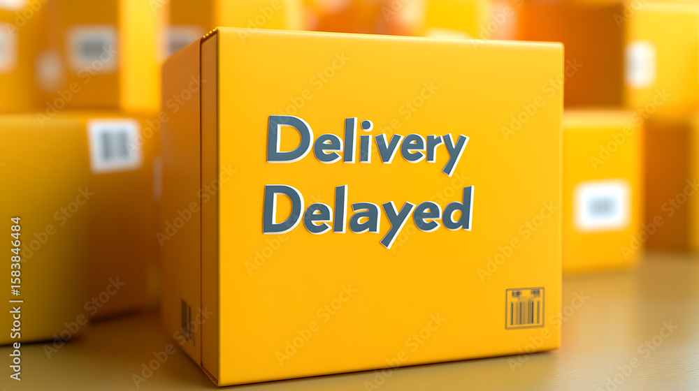 Poster delivery delayed: a stack of boxes conveys a message of shipping problems. production delays impact 